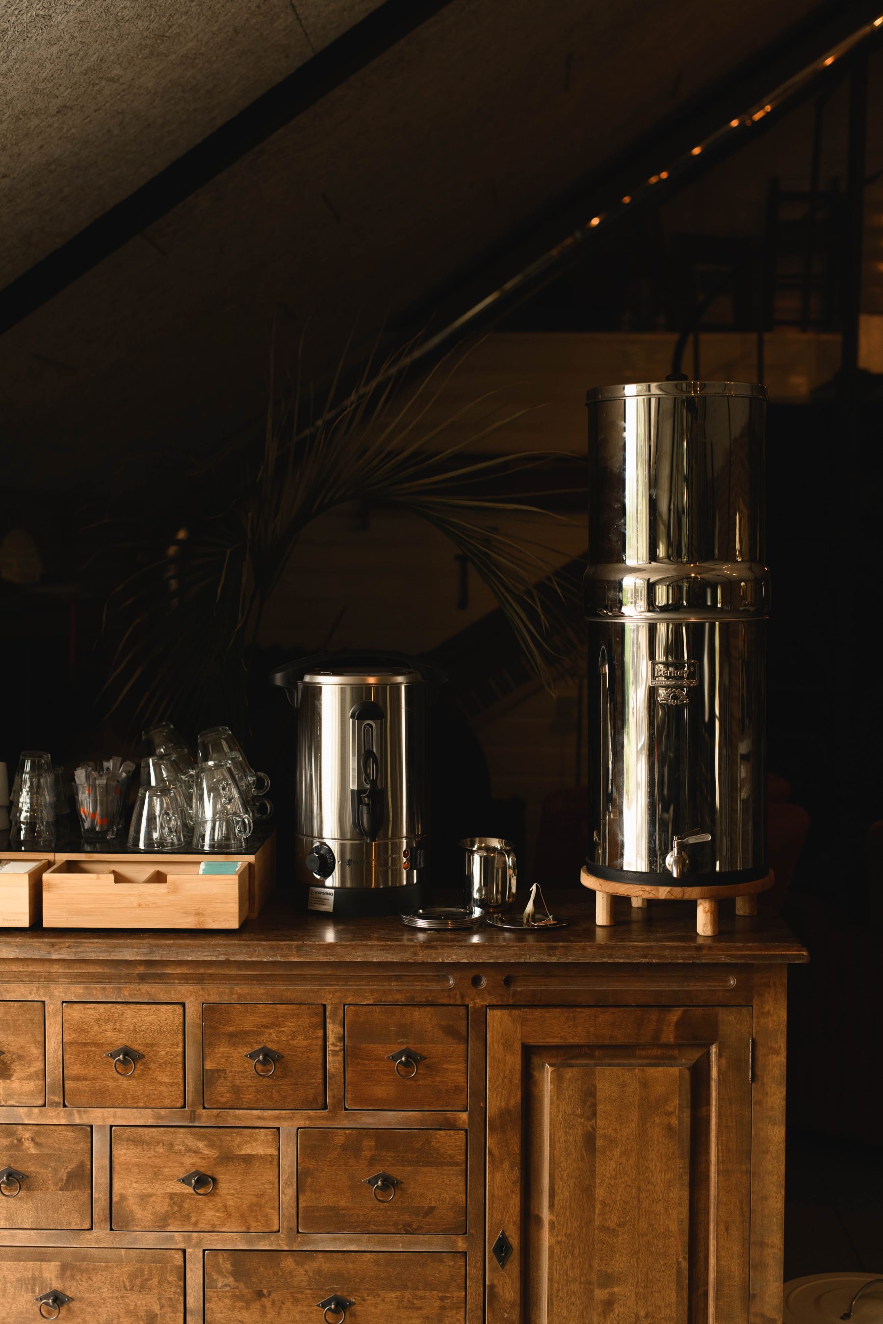Coffee shop with a large water filter